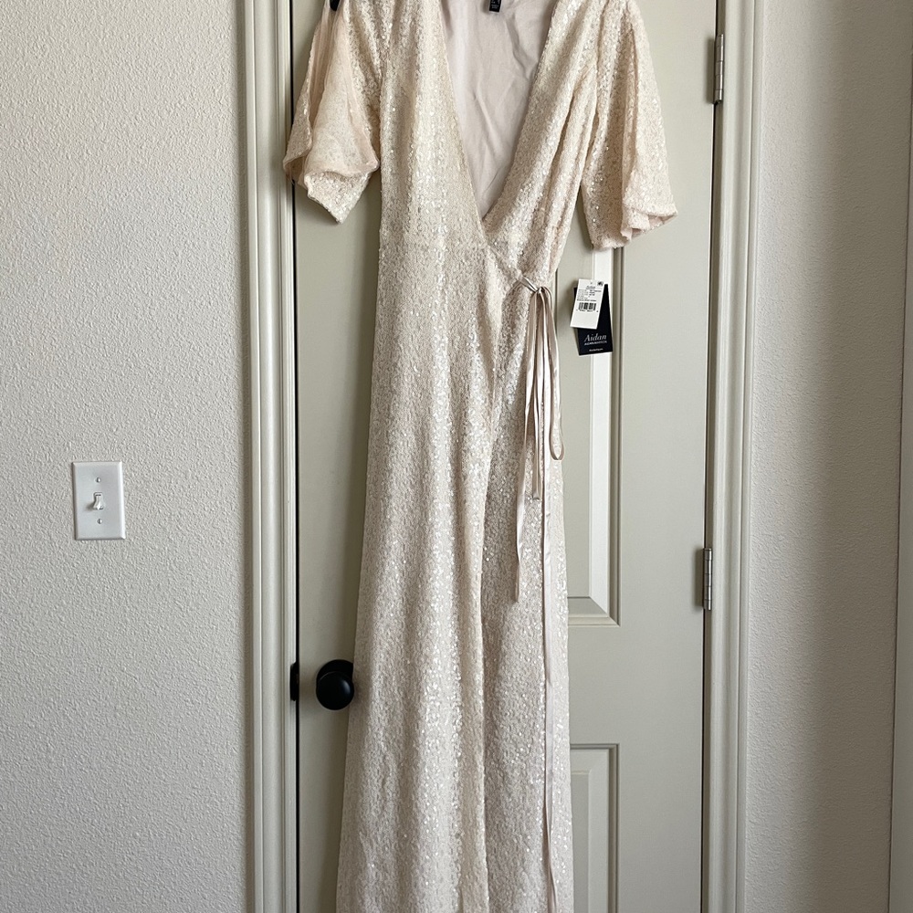 Aidan Mattox Champagne Sequin Wrap Maxi Gown